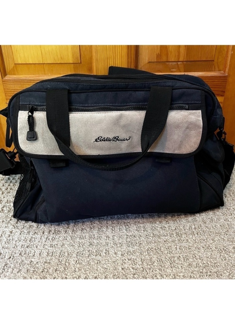 Eddie Bauer Black Canvas Leather Diaper Bag Changing Pad Overnight Travel Rugged